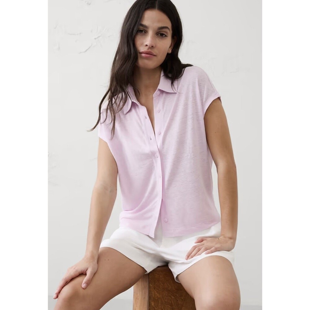 NWT Banana Republic Linen-Blend Collared Top Sz Large Lilac Purple Button Up